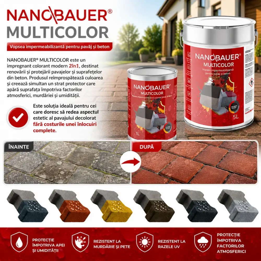 Impregnant colorant lichid NANOBAUER Multicolor – Pentru colorarea si protectia pavajelor, betonului, teraselor, bordurilor