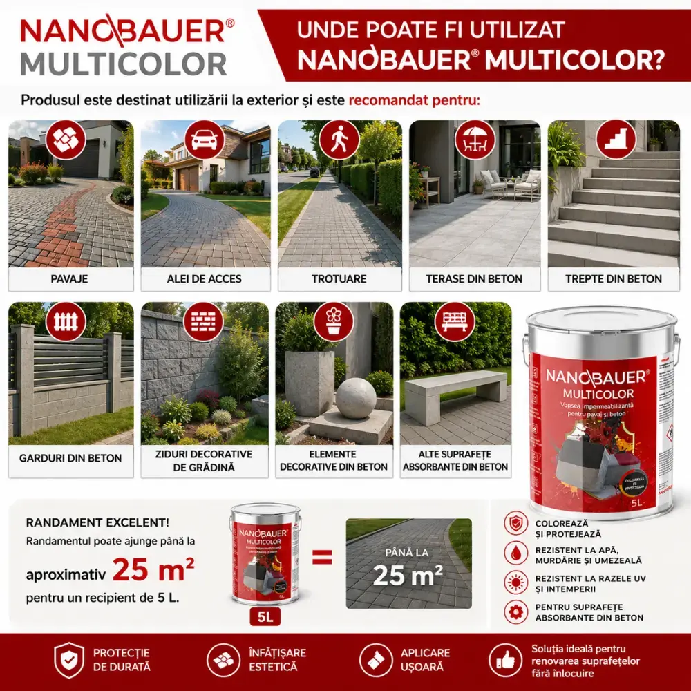 Impregnant colorant lichid NANOBAUER Multicolor – Pentru colorarea si protectia pavajelor, betonului, teraselor, bordurilor