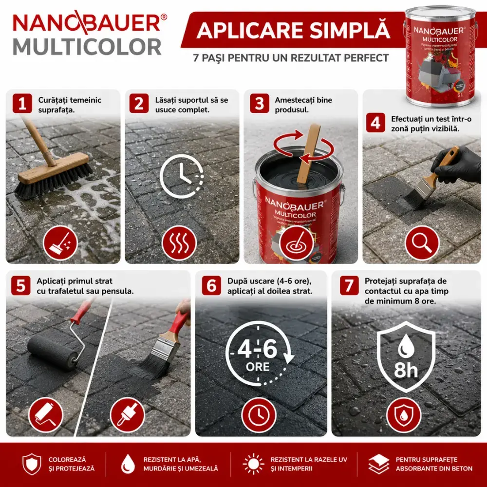 Impregnant colorant lichid NANOBAUER Multicolor – Pentru colorarea si protectia pavajelor, betonului, teraselor, bordurilor